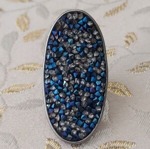 Iridescent Blue and Silver Statement Ring with Mosaic Design